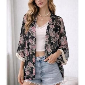 Dee Elle Floral Kimono Blouse Medium Sheer Black Pink Boho Cottagecore Open